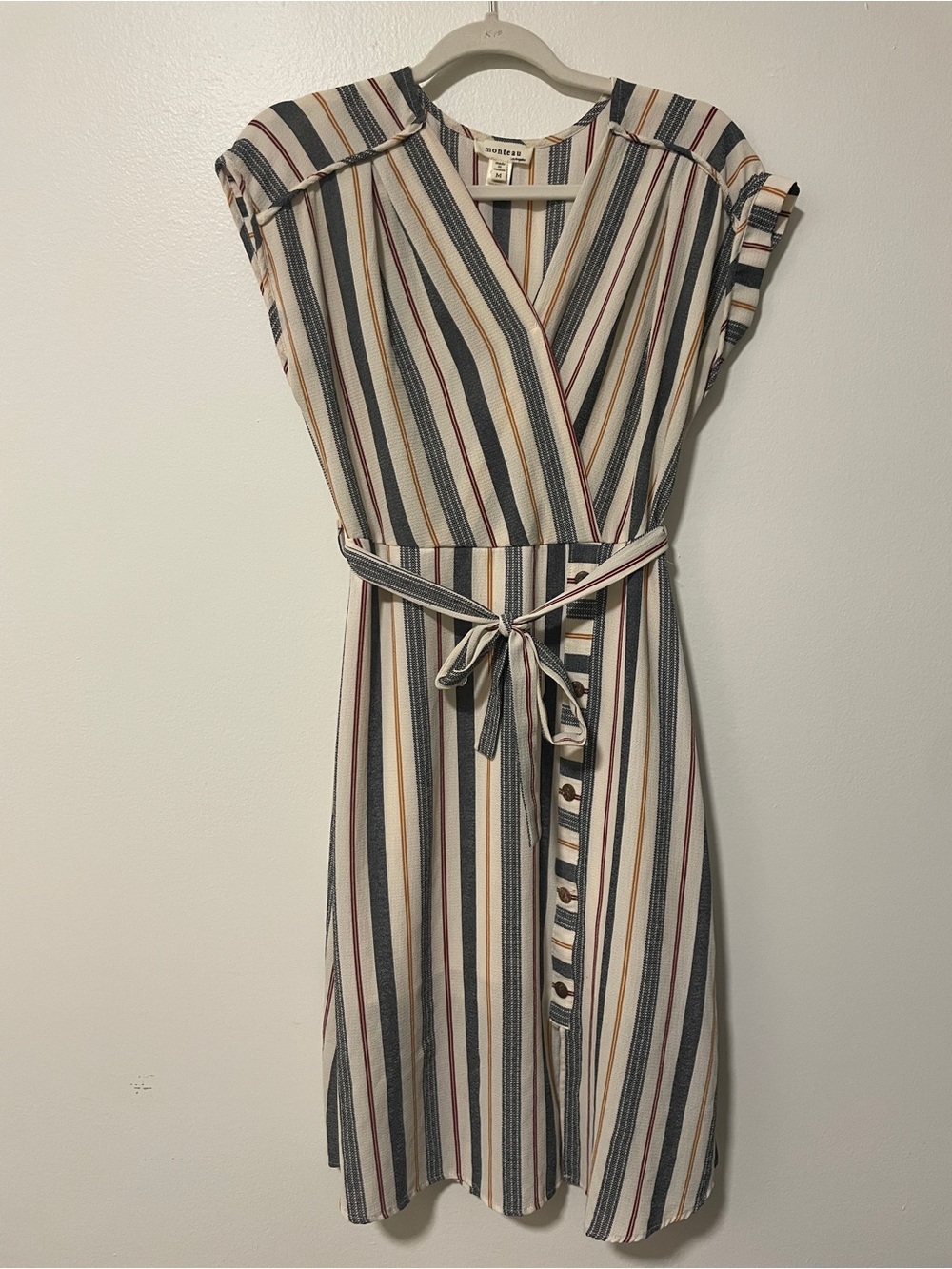 Striped Retro Midi Dress Tie Waist Button detail lined women’s medium monteau